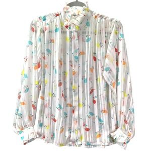 Vintage Sheer Floral Stripe Ruffle Mock Neck Blouse 70s Cottagecore Top Size 10